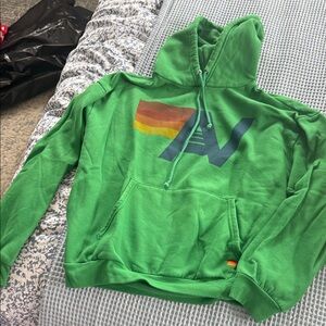 Aviator Nation Green Hoodie with Multicolor Stripe Logo